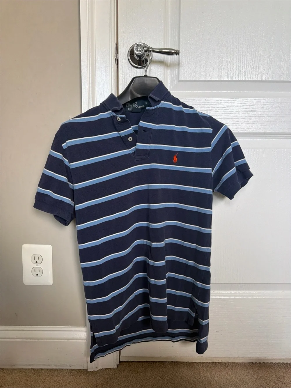 Ralph Lauren Navy Polo with Light Blue Stripes and Orange Pony